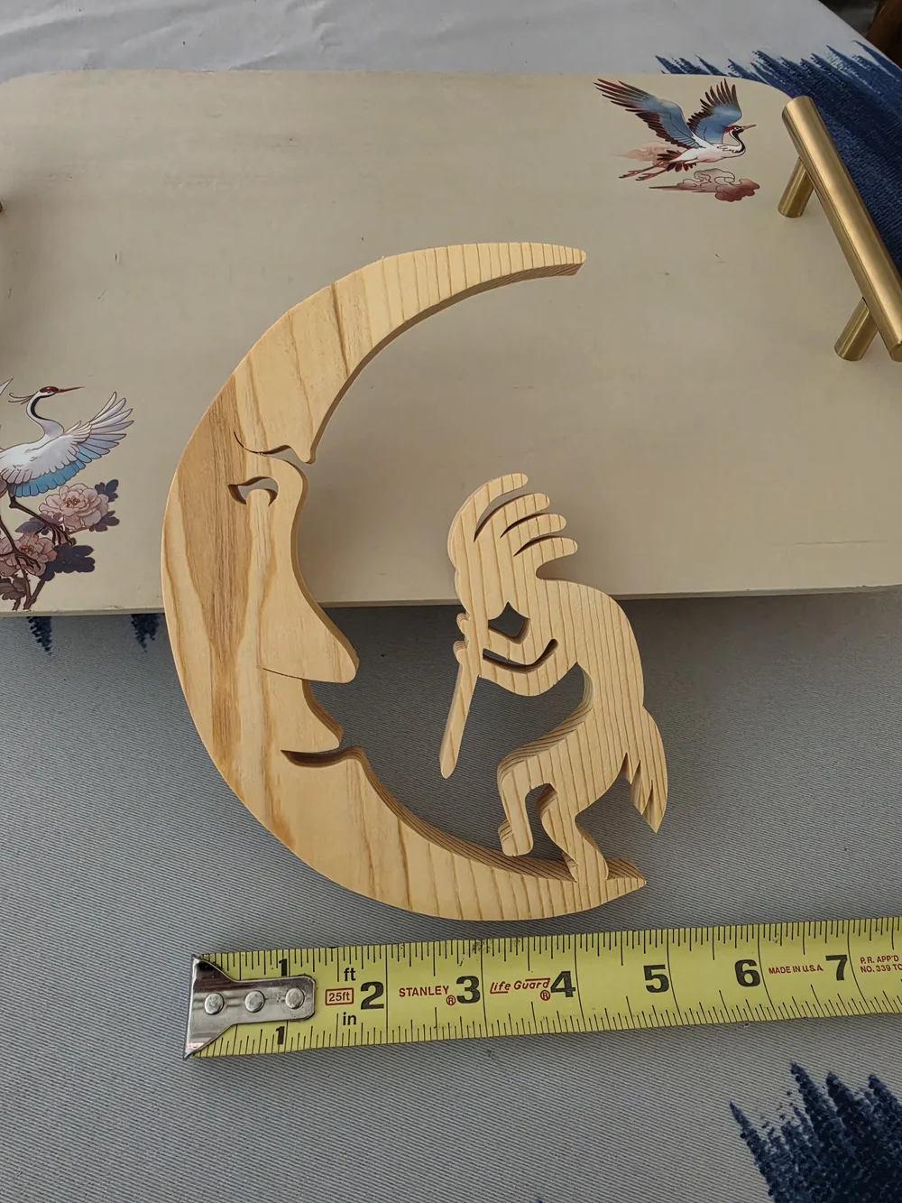 Wood Crescent Moon Face & Kokopelli Figurine Carved Free Standing 7in x 5in
